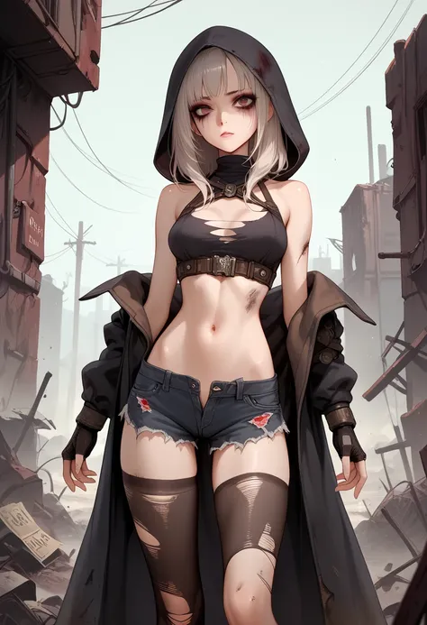  thin waist,  bare shoulders are visible, hood, navel, light hair with dark ends, skinny girl,  torn stockings,  medium chest , hourglass, height 175 cm, thin legs,  short shorts ,  bare shoulders are visible, wasteland,  post-apocalyptic world ,  torn clo...