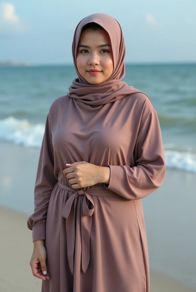 full body portrait, ((Beautiful, slim, slightly fat)), (25 year old girl), ((Indonesian Girl)), ((Pashmina Hijab)), close up, face detail, ((big breasts 1:2) ) , ((fat arms)), ((big butt)), wearing a tight full body dress, sexy high waist. The image is of ...