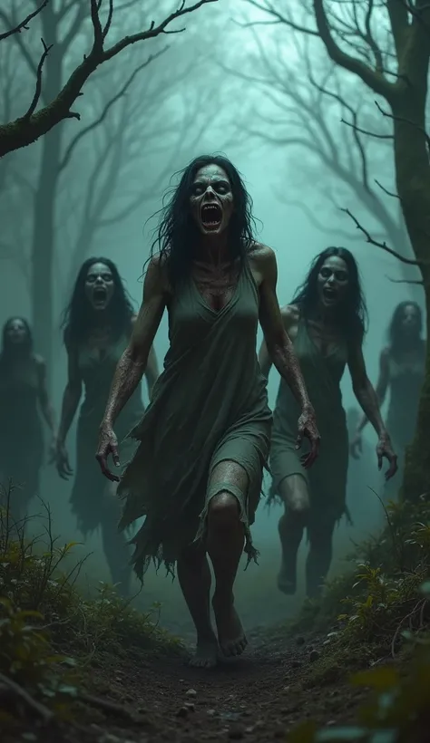 HORRIFYING ZOMBIE WOMEN WITH GRORUP OF ZOMBIE IN A HORROR FOREST EERIEA AMBIANCE, DIGITAL ART 