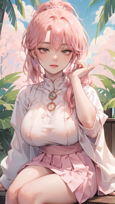 ((best quality)), ((masterpiece)), (detailed), perfect cute face(covered in white cum), Japanese girl, pink hair in a ponytail, wearing clear glasses, brown eyes, perfect slim body, ultra huge tits, wearing white sweater (says "paradise"), open boobs, wear...