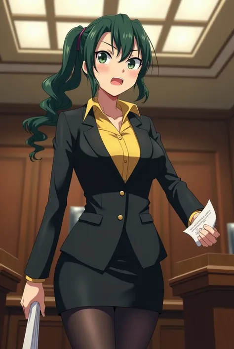 Sakurai, anime mature angry face, Sharp eyes, dark green wavy hair, side pony, low tied pony tail, black suit, yellow blouse, black tight skirt, tall body, in the court assigning for divorce, grabbing letter of divorcement