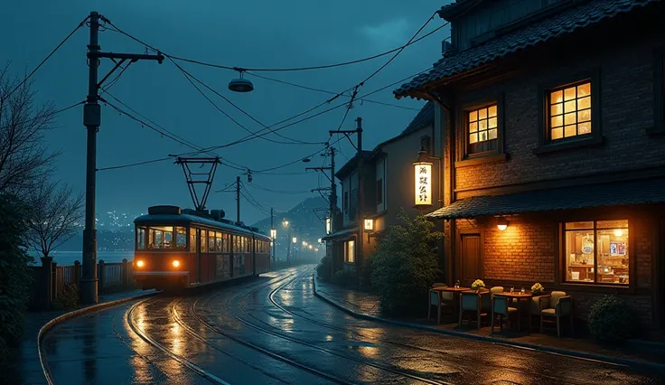 {{{{ultra-high resolution}}}}, very aesthetic, best quality, intricate, overall detail, masterpiece, realistic, 1990s, HAKODATE, Tram, Brick Warehouse, Cafe, port,  Scenery, night, rain,