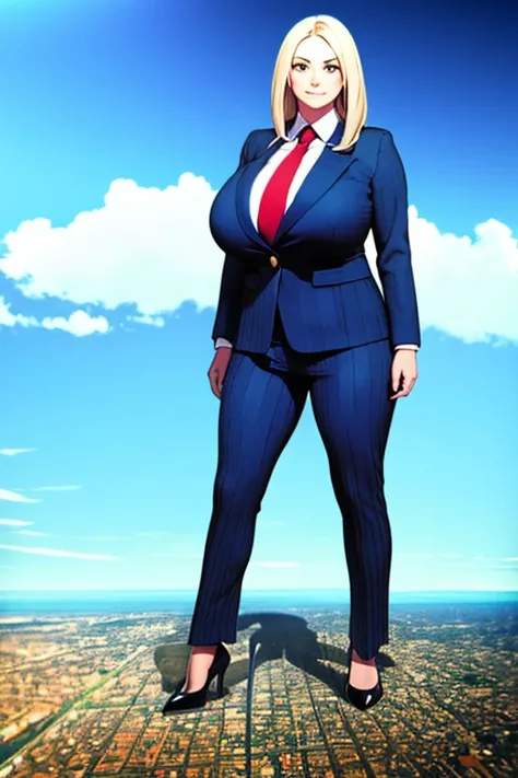 Looking up at the approaching young giantess, Giantess art, 500 miles tall giga giantess, young sophisticated and stylish woman in a light blue italian pinstriped trouser suit, form fitting crisp black office shirt, and a large wide blue necktie in a winds...