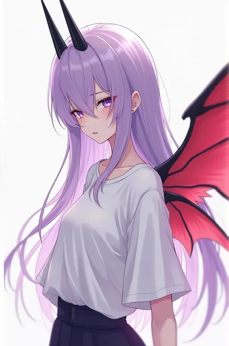  Draw an anime boy , Something feminine ,  Purple eyes , thin lips, light skin,  long lilac hair that is more than a darker purple in the center ,  with a loose white t-shirt and a fringe that covers the left eye a little,  a black horn on the right side o...