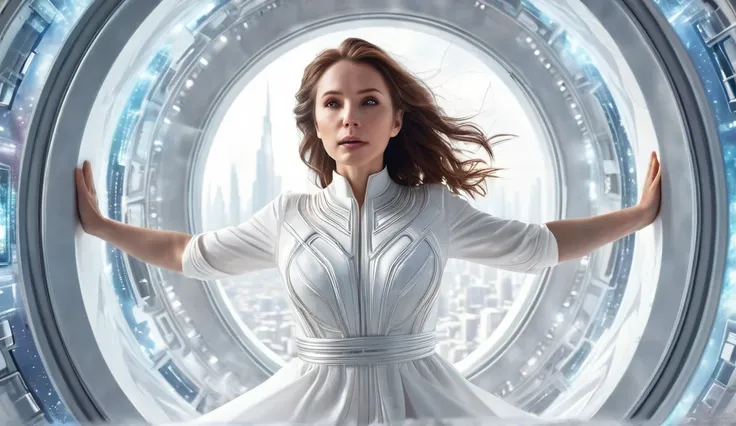 fantasy ,girl 35 years old ,   , a close-up of  ,  with brown hair, in a thick white dress comes out of the interstellar portal from another dimension , against the background of space  , Cities of the Future ,  light background, realistic image