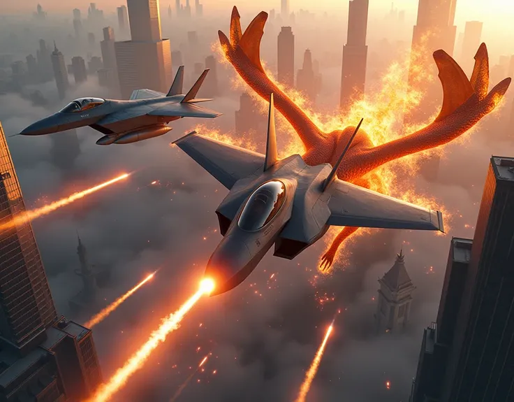 A shocking scene of an aerial battle between a legendary creature, the Fire Dragon, and a modern weapon, the F-22 Raptor, a jet fighter, set in the skies above a city, with powerful perspective and exaggerated distance. Moving lines, heat-detecting missile...