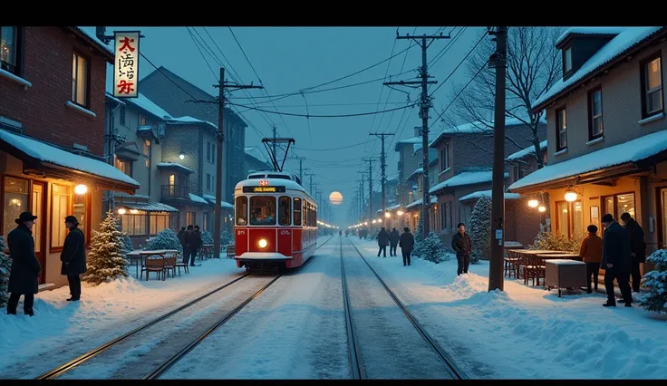 {{{{ultra-high resolution}}}}, very aesthetic, best quality, intricate, overall detail, masterpiece, realistic, 1980s, HAKODATE, Tram, Brick Warehouse, Cafe, port,  Scenery, night, snow,