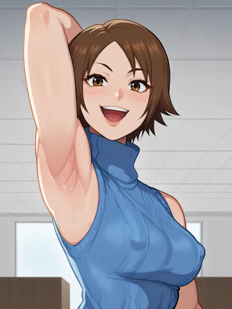 score_9, score_8_up, score_7_up, source_anime, anime screencap, 1girl, solo, Asuka kazama, short hair, brown hair, brown eyes, blue sweater, sleeveless sweater, ribbed sweater, turtleneck, sleeveless, bare shoulders, arm behind head, armpit, muscle, arms m...