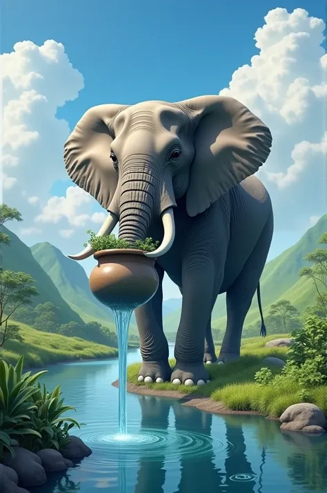 An elephant taking water to a river to drink