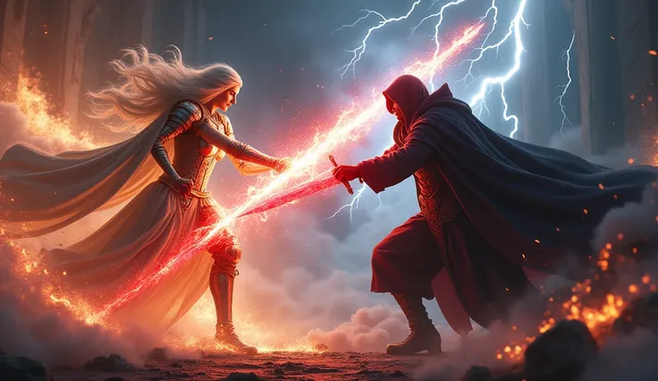 Lyra with holy armor attacked with lightning movements, but the mysterious man with black robe, now strengthened by the sword, was able to predict her every move. Their battle was intense, the fire from the red Sword of Beelzebub clashed with the light fro...