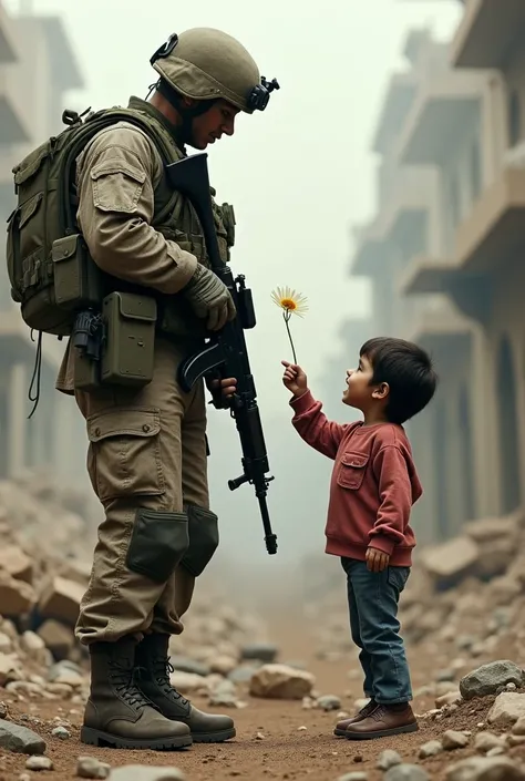 soldier pointing rifle at a male toddler who is holding a flower out towards the soldier the soldier has intent to kill. there is rubble and destroyed buildings in the background