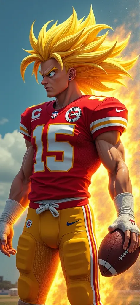 The closest character to Goku from Dragon Ball with the logo name and uniform of the Kansas City Chiefs of the NFL with the American football with the number 15 recharging its power to phase 3 and with full-bodied yellow hair 