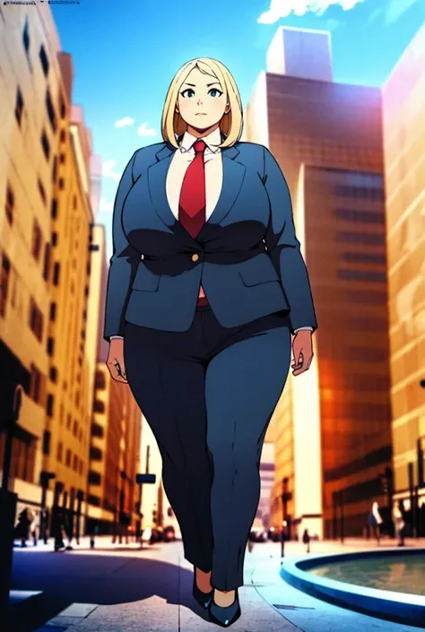 Looking up at the approaching young giantess, Giantess art, 500 miles tall giga giantess, young sophisticated and stylish woman in a light blue italian pinstriped trouser suit, form fitting crisp black office shirt, and a large wide blue necktie in a winds...