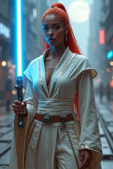 a beautiful 35-year-old woman, redhead, with dreadlocks, large breasts, wide hips, white leather Jedi uniform with gold trim, wielding a blue lightsaber, in a technological urban environment, with neon lights and a full moon, 8K, hyperrealism, 