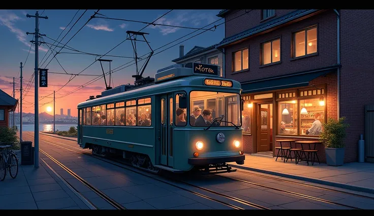 {{{{ultra-high resolution}}}}, very aesthetic, best quality, intricate, overall detail, masterpiece, realistic, 1980s, HAKODATE, Tram, Brick Warehouse, Cafe, port,  Scenery, night,sunset,