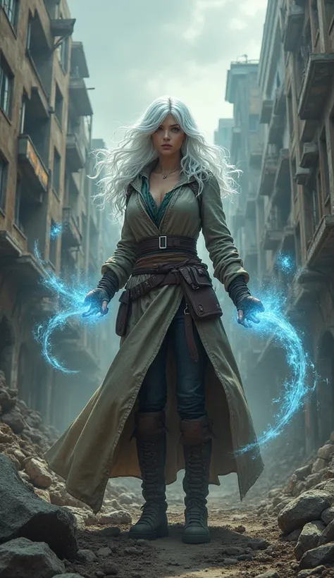 a woman, silver hair, beautiful face standing, summoning creatures, adventurer outfit, post-apocalyptic world, ruined city