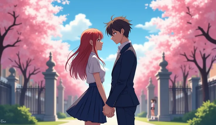 a cool beautiful couple wearing school uniforms ,  anime style 