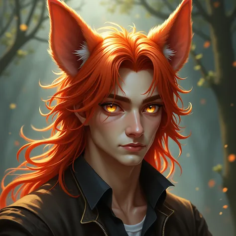 a man with red hair and golden eyes, and has the ears and ears of a dog that are the same color as his hair