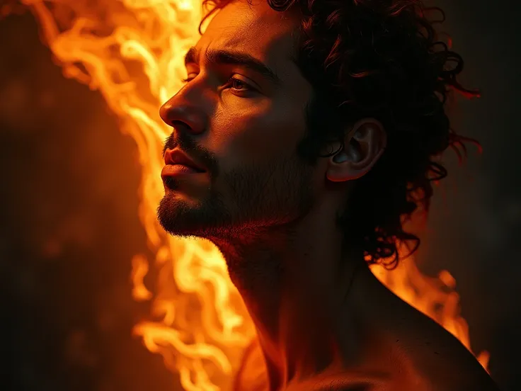 A tormented soul, lost in the depths of unrelenting passion, as if the very flames of desire have engulfed him, his face a map of intense longing, with every curve and contour of his being telling the tale of a heart consumed by an all-encompassing fire, r...