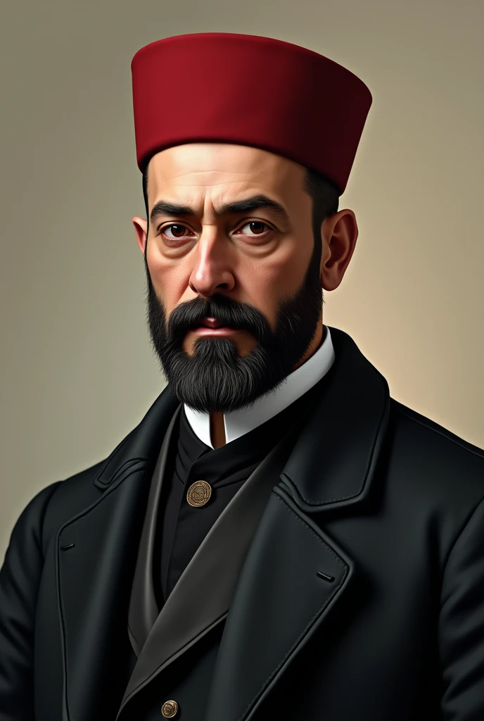 Sultan Abdul Hamid A man with a short, thick beard and sharp dark brown eyes, wearing an Ottoman suit, a black jacket and an Ottoman fez. 