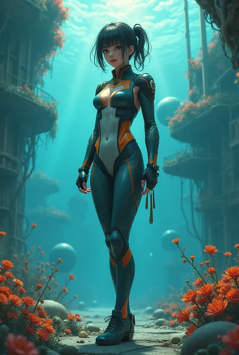  Woman in the future ,  type cybord , very beautiful ,  is in a war ,  has a tight suit , color (fancy: 1.2), (Hayao Miyazakis Style), ( Irregular building floating in the sea ), patchwork cabins ,  floral decorations , Lights,  Concept art inspired by And...