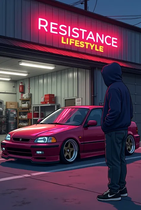 create a realistic illustration of a stanced Maroon 1993 Honda CIVIC Ferio (4door EG). Next to it is the owner in a hoodie wearing Nike Air force sneakers, the scene is at night in front of a workshop with a neon sign saying RESISTANCE LIFESTYLE