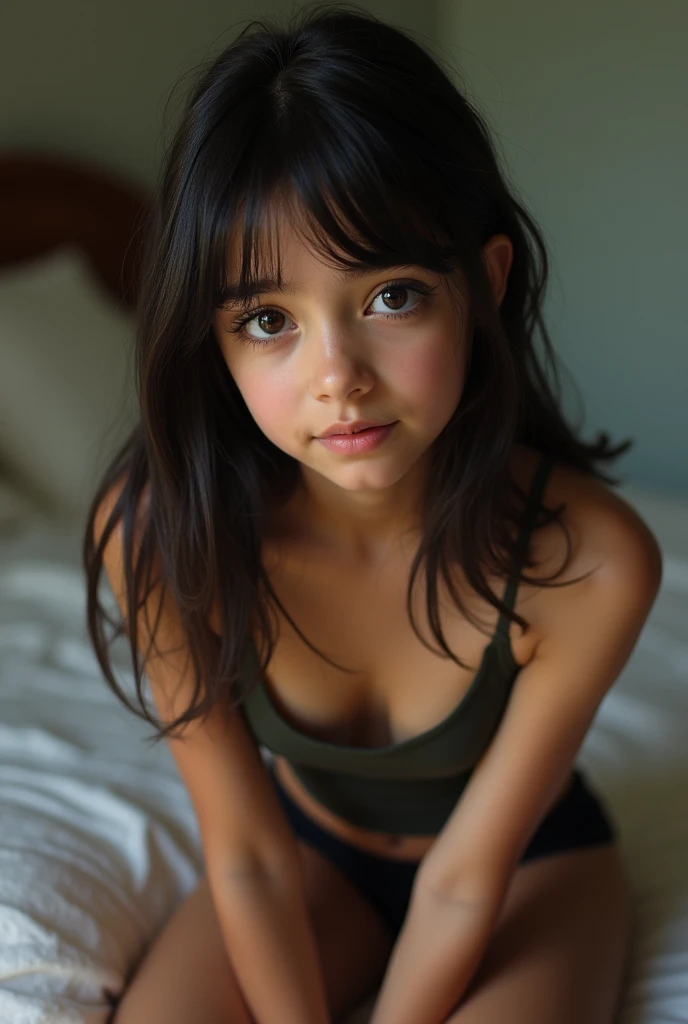 Cowboy shot of a a beautiful slim lightskin young tween Muslim Pakistani girl with extremely detailed large expressive eyes in crop top and stockings kneeling in bed, shorts, stockings, small chest, gorgeous symmetrical face, loving gaze, sharp focus, High...