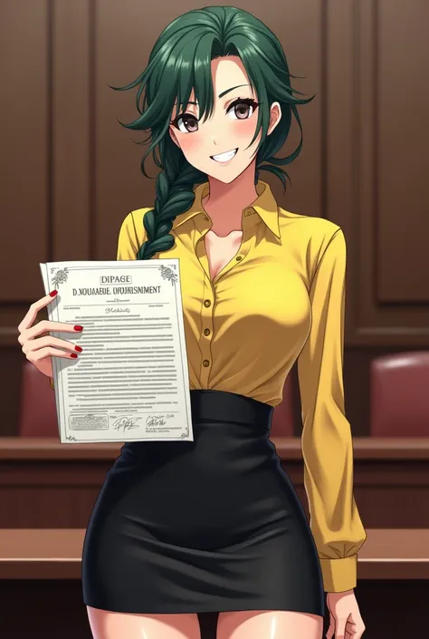 Sakurai, anime mature smiling face, tounge stick out from smiling lips, Sharp eyes, dark green wavy hair, side pony, low tied pony tail, yellow blouse, black tight mini skirt, tall body, front look, in the court, showing bill of divorce to camera