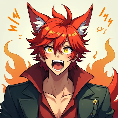 a man with red hair and golden eyes, and has the ears and ears of a dog that are the same color as his hairShort Hair, Open Mouth, (please use manhwa style)