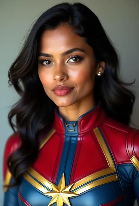 a tamil broad face women wearing captain marvel get me mid shot potrait photo 