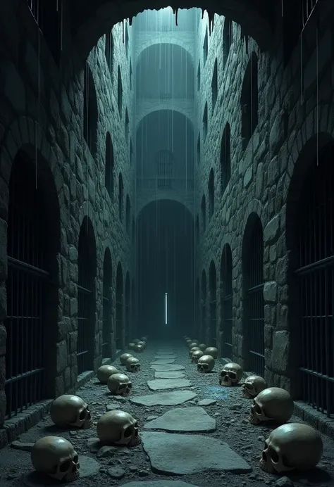 ((underground stone room with metal prison cells)), wet walls, leaking walls, skulls of human heads, from below, low angle shot