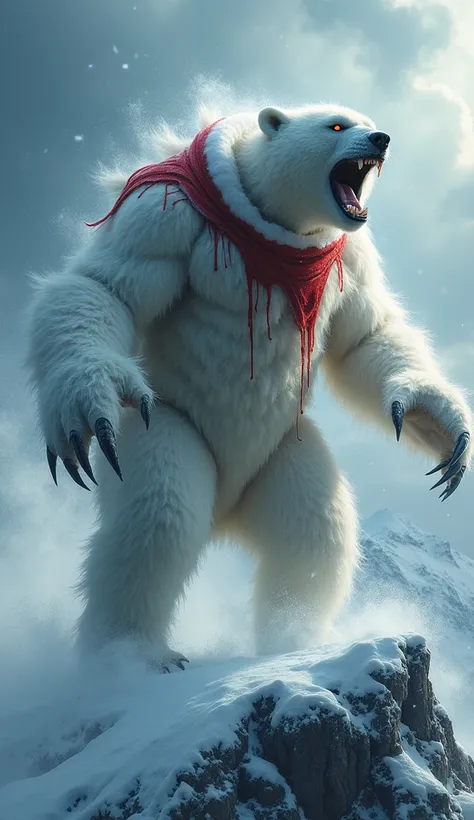 A terrifyingly majestic hybrid creature stands atop a snowy mountain under an ominous, storm-filled sky. This monstrous fusion combines the massive, muscular build of a polar bear with the human-like features of Santa Claus. Its broad, fur-covered torso ra...