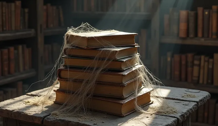 make an ultra-realistic and very real photo, a pile of very old ancient books, covered in cobwebs and dusty,the background is an ancient library full of piles of old and dusty books