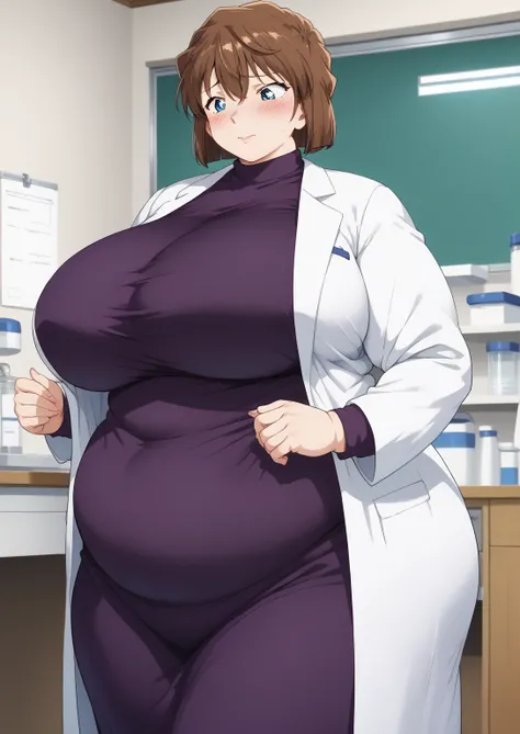 Shiho Miyano, Miyano Shiho, short hair,Brown Hair, blue eyes,hair between eyes,lab coat, Mulberry dress, long sleeve dress, mini skirt dress, score_9,   score_8_ up,   score_7_ up,   score_6_ up,   score_5_ up,   score_4_ up,     masterpiece   ,   top qual...