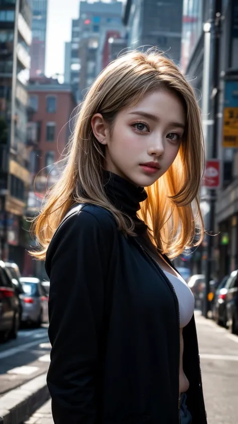 masterpiece, 8k,  Award-Winning Photos , photo realistic ,  realistic , Very  Details,  super high res, Ray Trakun, ///1 person, ( turtleneck,  black jacket ),  knight , Blurred cityscape of South Korea,  most beautiful, 20 years old, ( sexy, Japanese Beau...