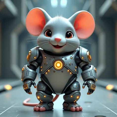 an animated fat gray mouse logo in a robot suit