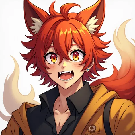 a man with red hair and golden eyes, and has the ears and ears of a dog that are the same color as his hairShort Hair, Open Mouth,full body (please use manhwa style)