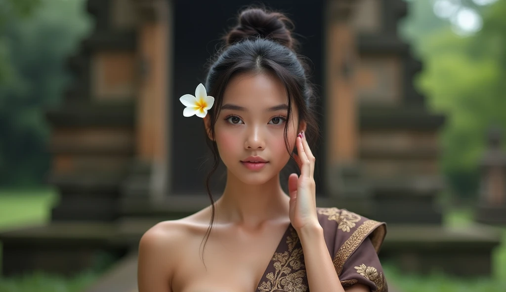 （hyperrealistic photo）， （A high resolution）， （8k），（beautiful eye quality）， （ultra - detailed），curvacious beautiful indonesian woman, sensual pose，a jasmine flower on her ear, full-body portraits（1：1），tied bun hair，sensual expression，Straight and plump ，big...