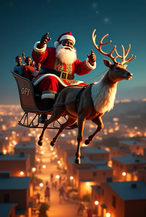 Create a hyper-realistic image of an African Santa Claus flying over a vibrant South African township at night, zoomed out to showcase the full scope of the bustling community below. The township is alive with the warm glow of scattered lights emanating fr...