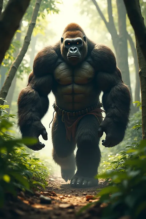 Make a muscular gorilla that walks on its feet, with ragged clothes . ((ultrarealismo)).  walking in the forest 