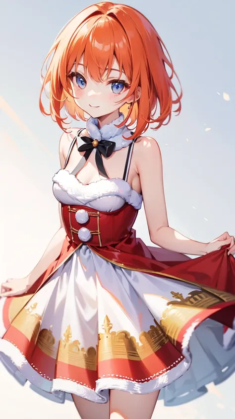 Super delicate orange haired cute girl、8k ultra high definition, Delicate texture, short hair ,christmas dress、Friendly Smile、looking into camera