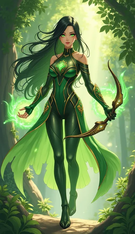 An anime-style depiction of a 24-year-old female character inspired by Genshin Impact, representing the Dendro element. She has long, flowing black hair with subtle green highlights and glowing green eyes that radiate wisdom and harmony. Her outfit is an e...