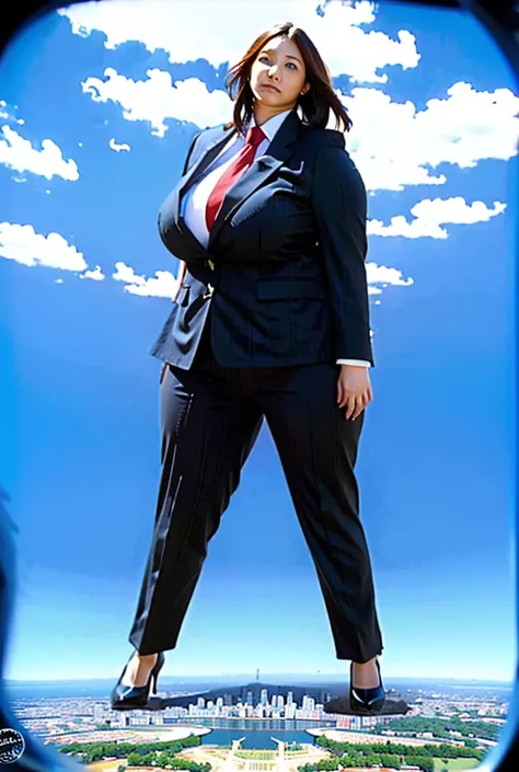 Looking up at the approaching young giantess, Giantess art, 500 miles tall giga giantess, young sophisticated and stylish woman in a light grey italian pinstriped trouser suit, form fitting crisp black office shirt, and a large wide blue necktie in a winds...