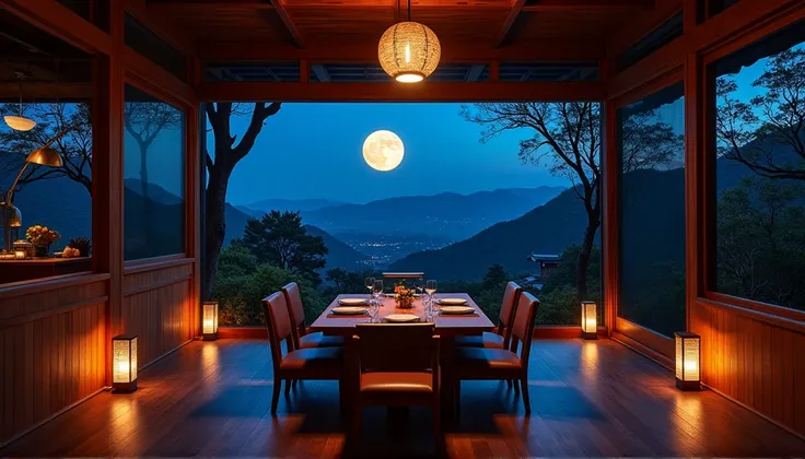 japan , night, lots of details , Japanese restaurant , no people, many tables, fantasy，quietness，cozily，floor-to-ceiling windows，Sateen，japan lamplight, full moon, many ryokan view