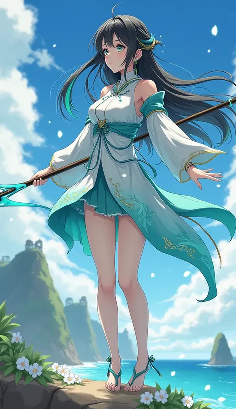 An anime-style depiction of a 24-year-old female character inspired by Genshin Impact, representing the Anemo element. She has long, flowing black hair that moves as though caught in a breeze, with soft teal streaks running through it. Her glowing teal eye...