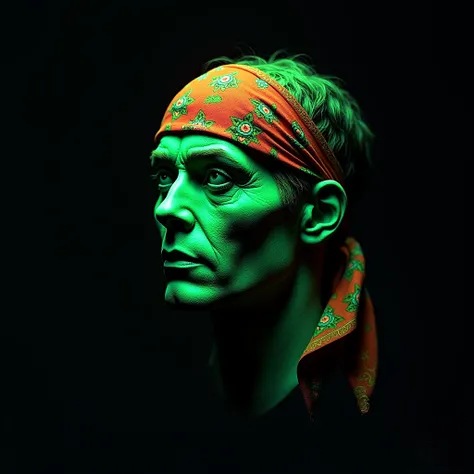 A pirate head, neon green, fantasy style, black background, bandana, cartoon, (best quality,4k,8k,highres,masterpiece:1.2),ultra-detailed,(realistic,photorealistic,photo-realistic:1.37),vibrant colors,dramatic lighting,highly detailed face and features,str...