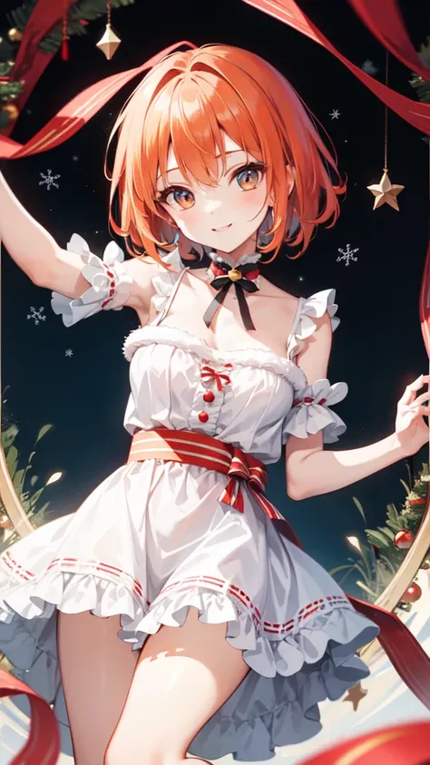 Super delicate orange haired cute girl、8k ultra high definition, Delicate texture, short hair ,christmas dress、daytime、Friendly Smile、looking into camera