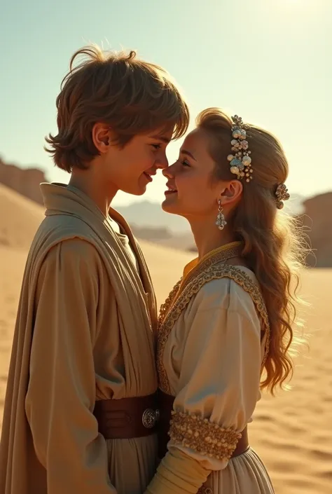 A nostalgic scene depicting young Anakin Skywalker and Padmé Amidala sharing a moment of innocent love, set on the sandy dunes of Tatooine. The warm sunlight casts a golden glow, capturing their youthful expressions filled with wonder and joy. Anakin is we...