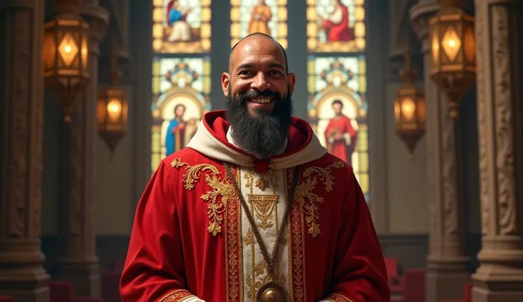 Bearded Bishop smiling dressed in red