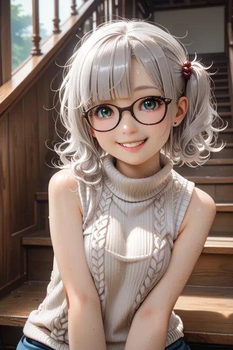 ((masterpiece)), ((high resolution)), (realistic), ( portrait of a beautiful girl), (( realistic skin texture in the middle of a wooden staircase)), ( balanced hands ),  short,((((loli)))), cute, ((((smile)))), pale skin,very short hair, silver hair, wavy ...